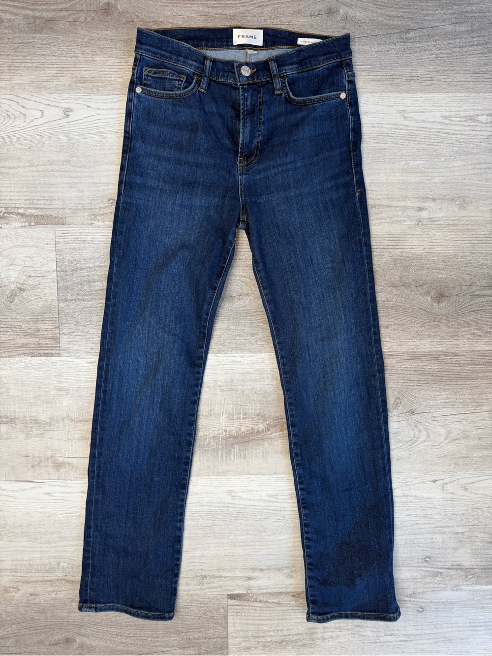 FRAME Le High Straight Long Jeans in Majesty Wash Size 27 Inseam 30”